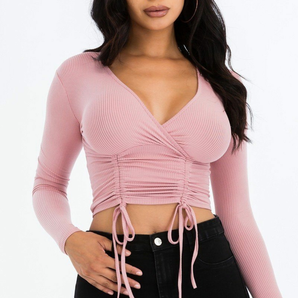Womens Long Sleeved Double String Shirred Crop Top